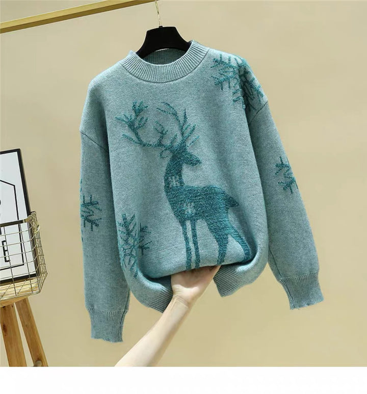 Damen Gemusterter Strickpullover mit Rentier-Jacquard, Rundhalsausschnitt und geripptem Saum – Mavelle