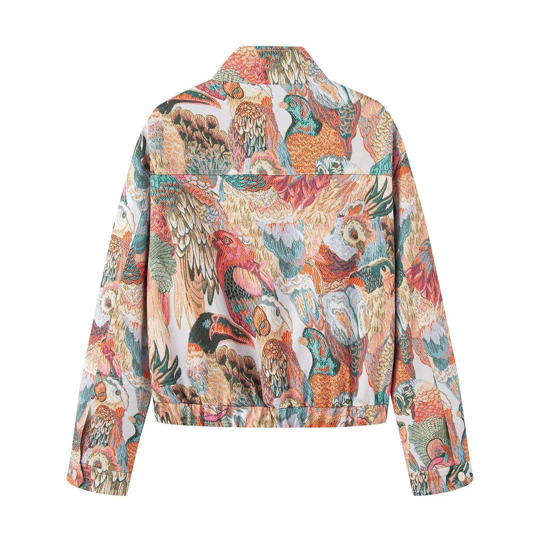 Damen gestickte Bomberjacke mit Vogelmotiven und aufgesetzten Taschen Echo Archiv