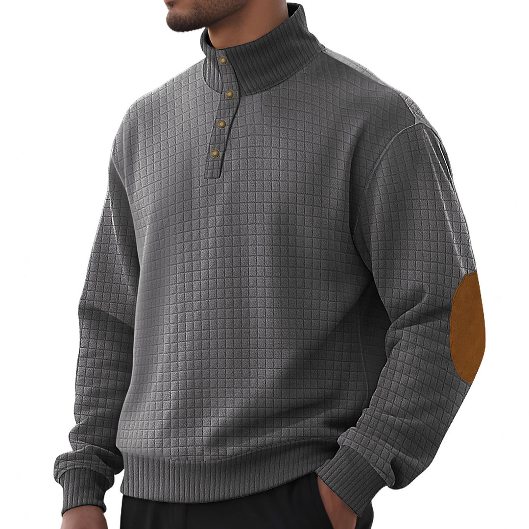 Herren nan kariertes Stepp-Sweatshirt mit Henley-Blende hohem Stehkragen und Velours-Ellenbogenpatch Echo Archiv