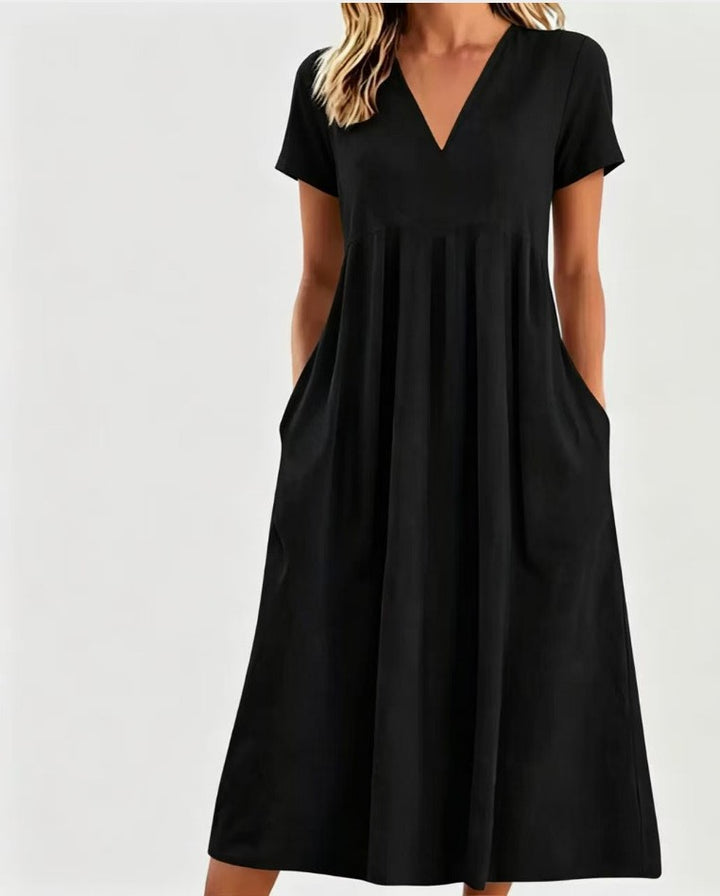 Damen nan legeres V-Ausschnitt-Midikleid mit Eingrifftaschen und geraffter Empirenaht Echo Archiv
