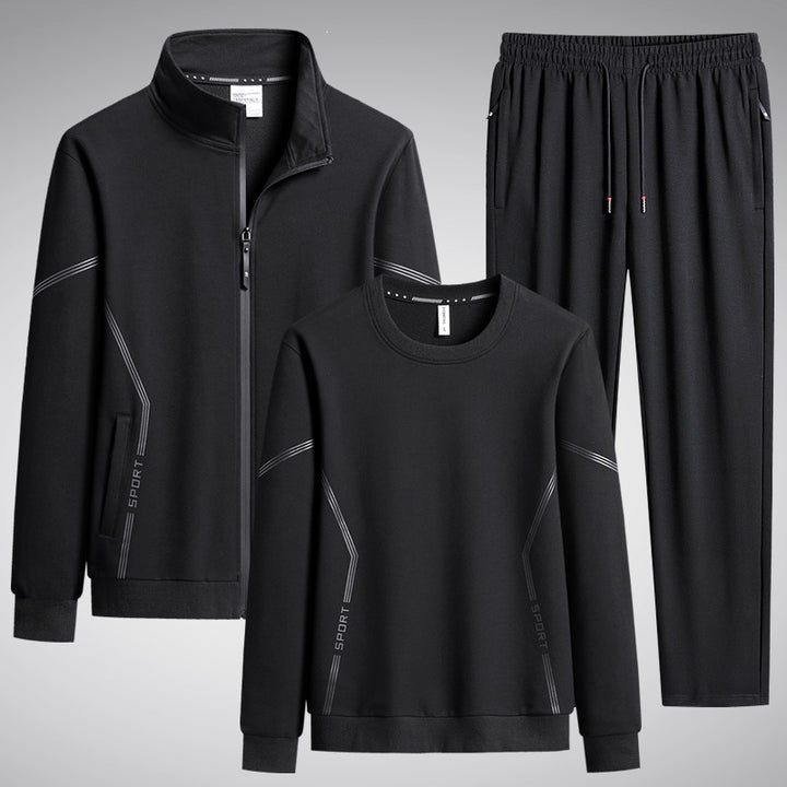 Herren Dreiteiliges Performance-Trainingsset mit Stehkragen-Zipjacke, Rundhals-Sweater & tapered Jogginghose Echoarchiv