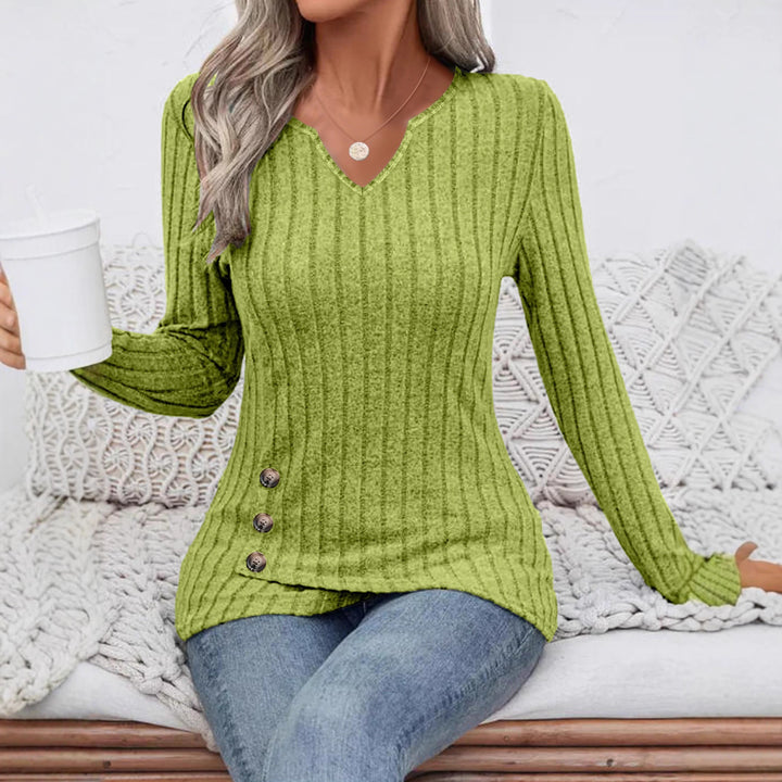 Damen Geripptes Longsleeve-Tunika mit V-Ausschnitt und seitlichen Zierknöpfen – Avérine