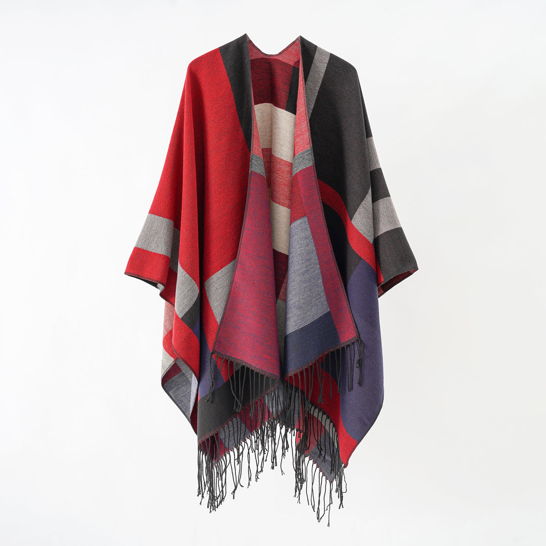 Damen Jacquard-Überwurfponcho im Cape-Schnitt mit feinem Fransensaum Echo Archiv