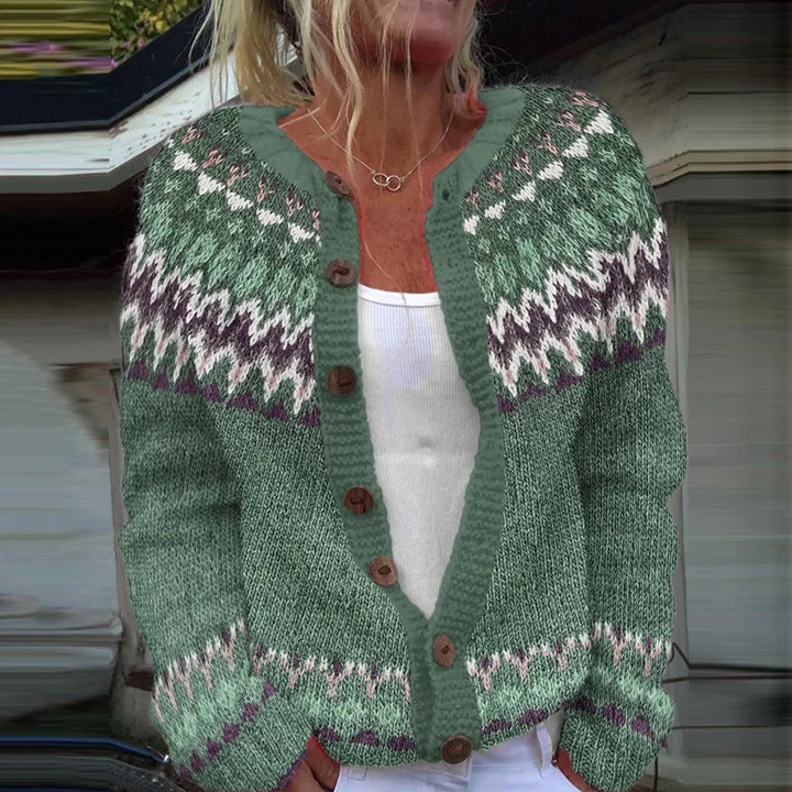 Damen nan gemusterte Strickjacke mit Rundpasse, Holzknöpfen und Eingrifftaschen Echo Archiv