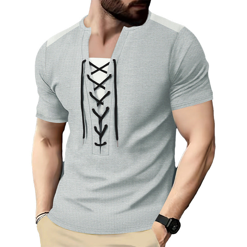 Herren Kurzarm-Henley-Oberteil mit einzigartigem Schnürdesign Echoarchiv