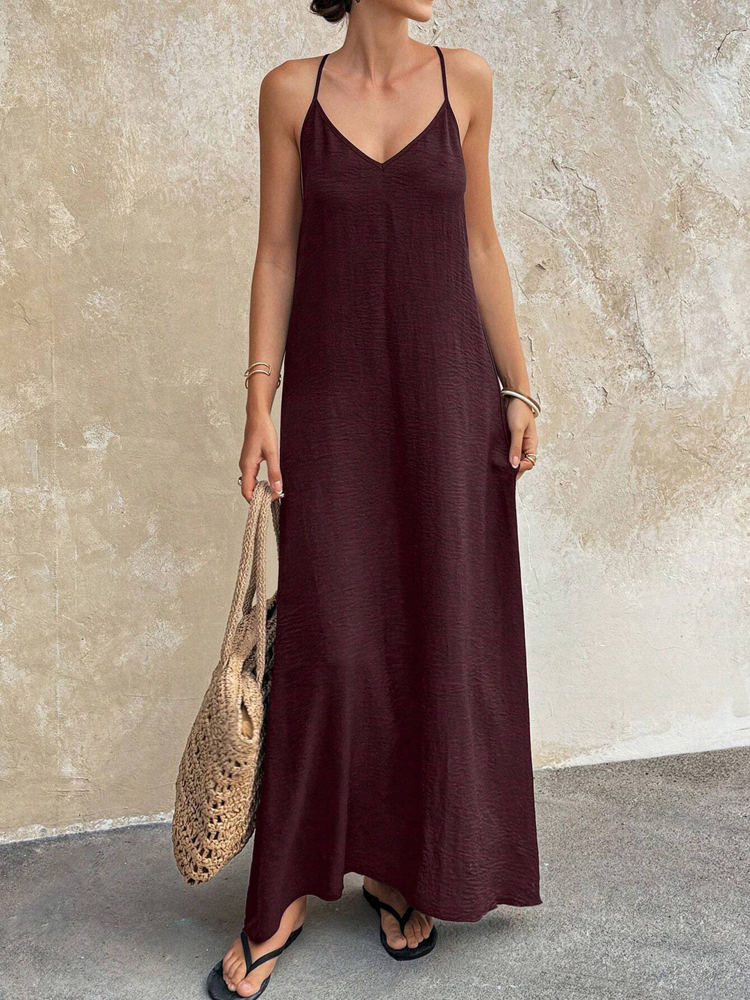Damen Fließendes Maxikleid mit Spaghettiträgern, V-Ausschnitt und sommerlicher Leinenoptik Echo Archiv