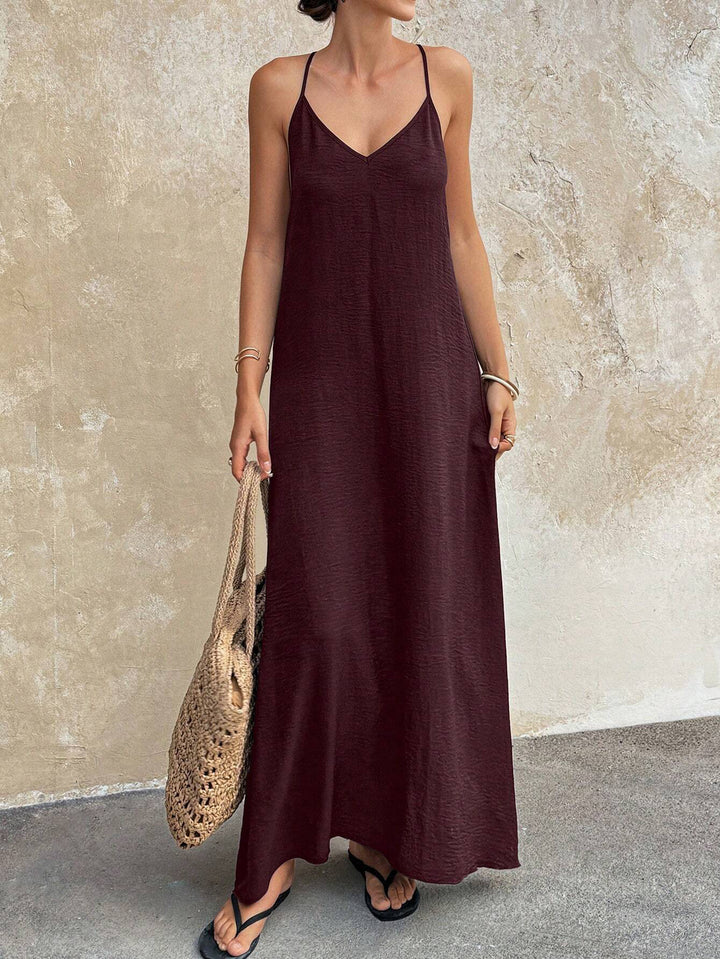 Damen Fließendes Maxikleid mit Spaghettiträgern, V-Ausschnitt und sommerlicher Leinenoptik Echo Archiv