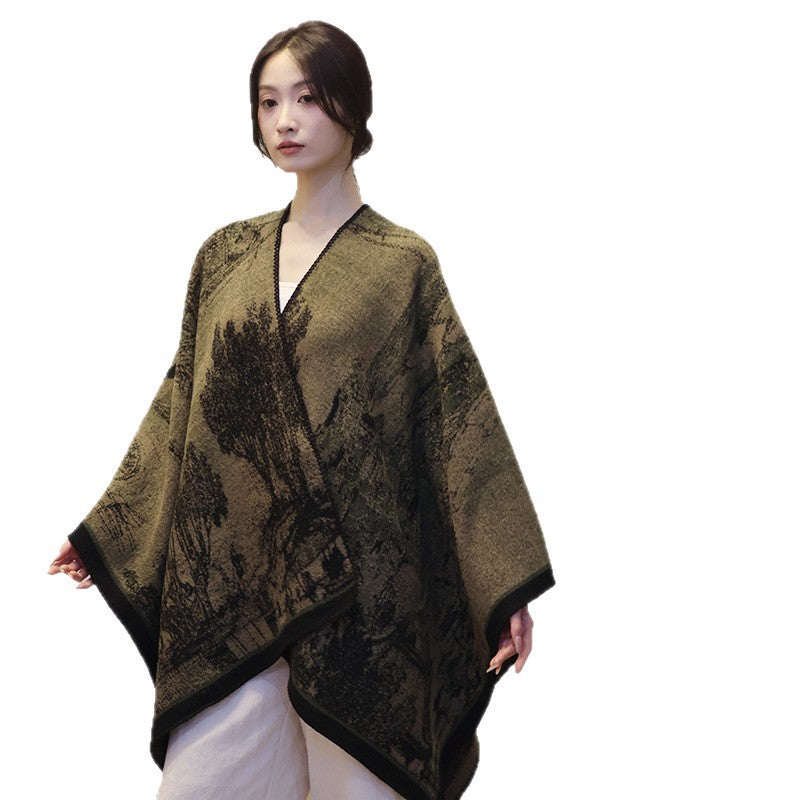 Damen Jacquard‑Strickcape mit strukturierter Weboptik und offener Front Echo Archiv