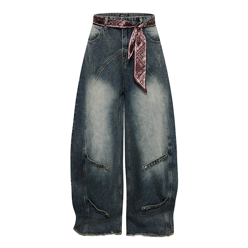 Damen Weite Denim-Culotte mit hohem Bund und Bandana-Gürtel Echoarchiv