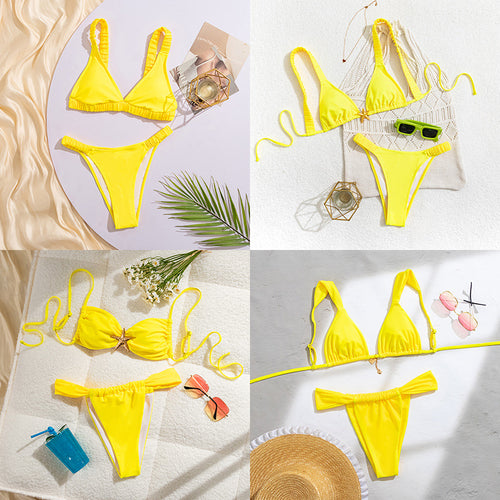 Damen Sportlicher Bikini mit gerafftem Oberteil und hohen Beinausschnitten Echo Archiv