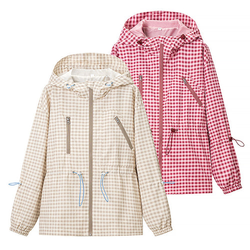 Damen 20+ leichte karierte Kapuzenjacke mit Tunnelzug, Reißverschluss und funktionalen Taschen Echo Archiv