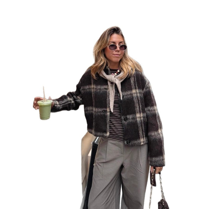 Damen Kurze karierte Bouclé‑Jacke mit kastiger Silhouette und Knopfleiste Echoarchiv