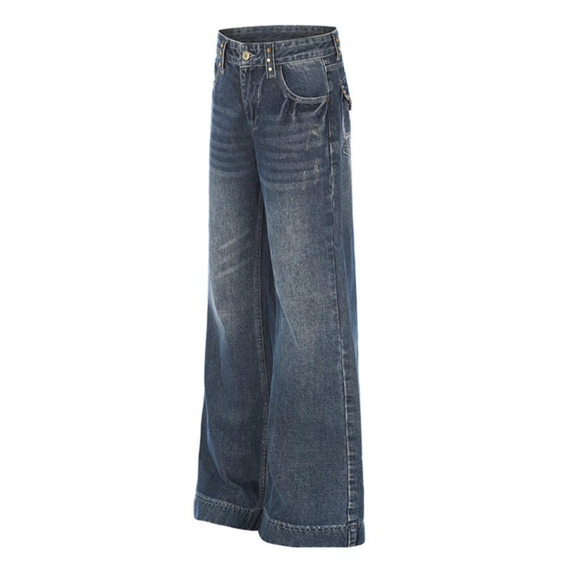 Damen Weite High‑Waist Denim Palazzo-Jeans mit weitem Bein und Vintage-Waschung Echoarchiv