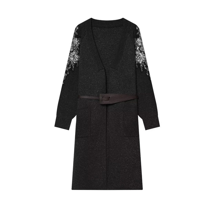 Damen Lange Strickmantel-Cardigan mit Taillengürtel und Paillettenärmeln Echo Archiv