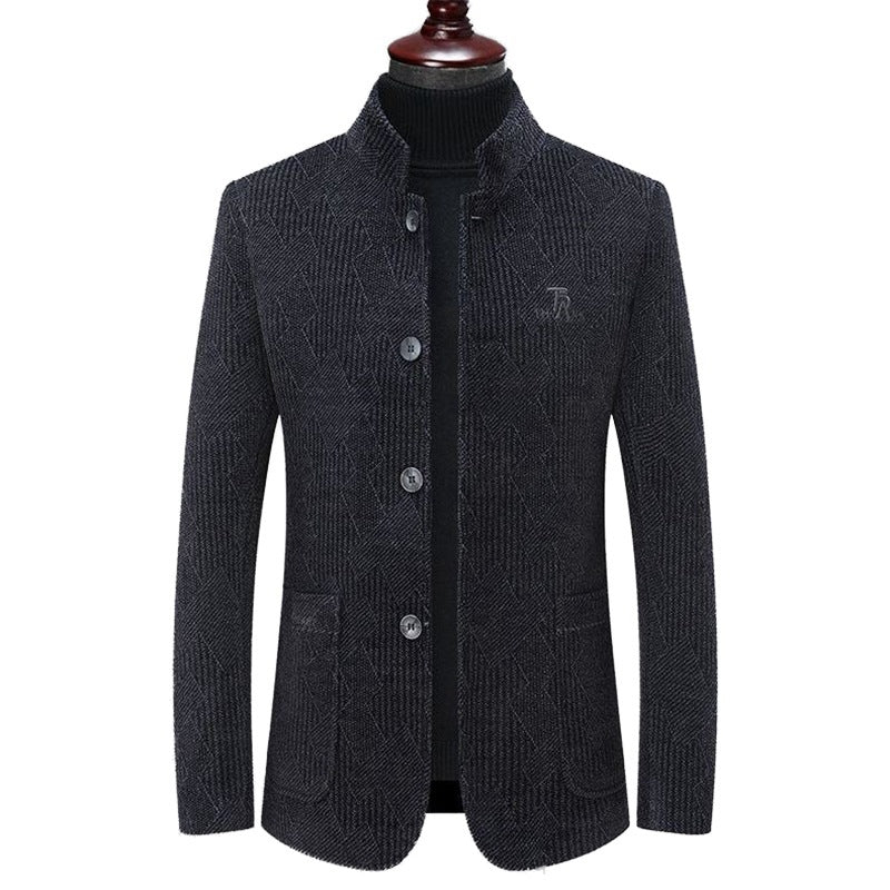 Herren Moderner Stehkragen-Blazer im Bouclé-Look mit feiner geometrischer Struktur – Tianoro