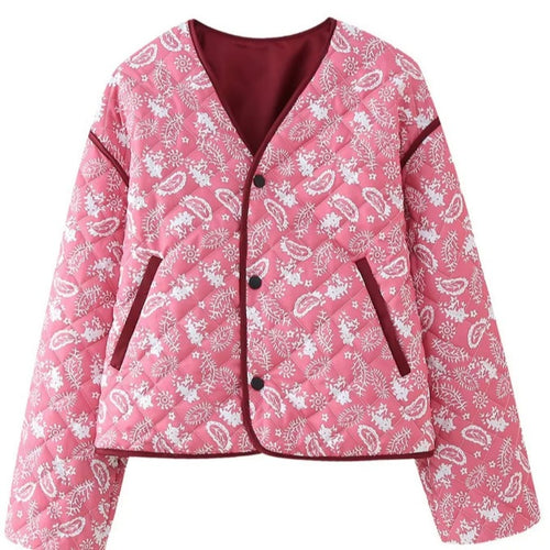 Damen gesteppte Kurzjacke mit V-Ausschnitt, Paisley‑Muster und kontrastierenden Paspeln Echo Archiv