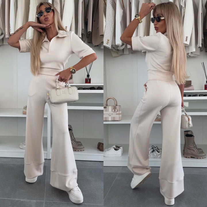 Damen Elegantes Scuba-Loungewear-Set mit Polokragen und taillenhoher Palazzo-Hose – Élanora
