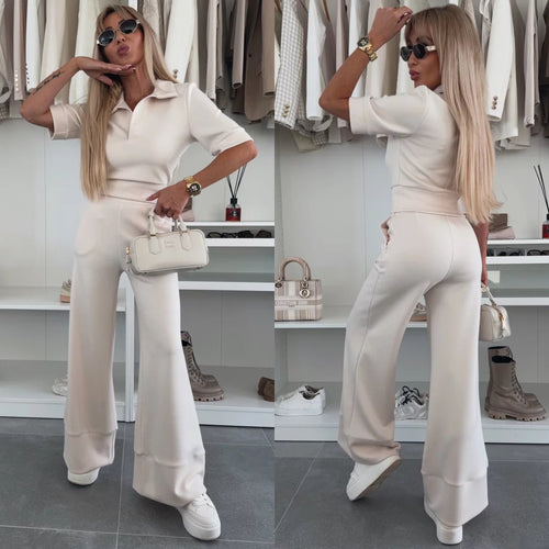 Damen Elegantes Scuba-Loungewear-Set mit Polokragen und taillenhoher Palazzo-Hose – Élanora
