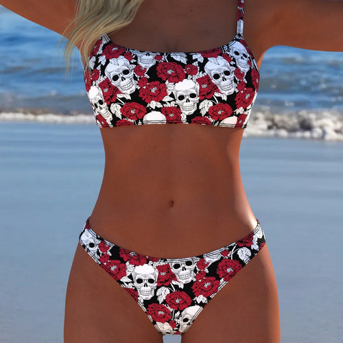 Damen Bikini-Set mit modernem Totenkopf- und Blumenmuster Echo Archiv