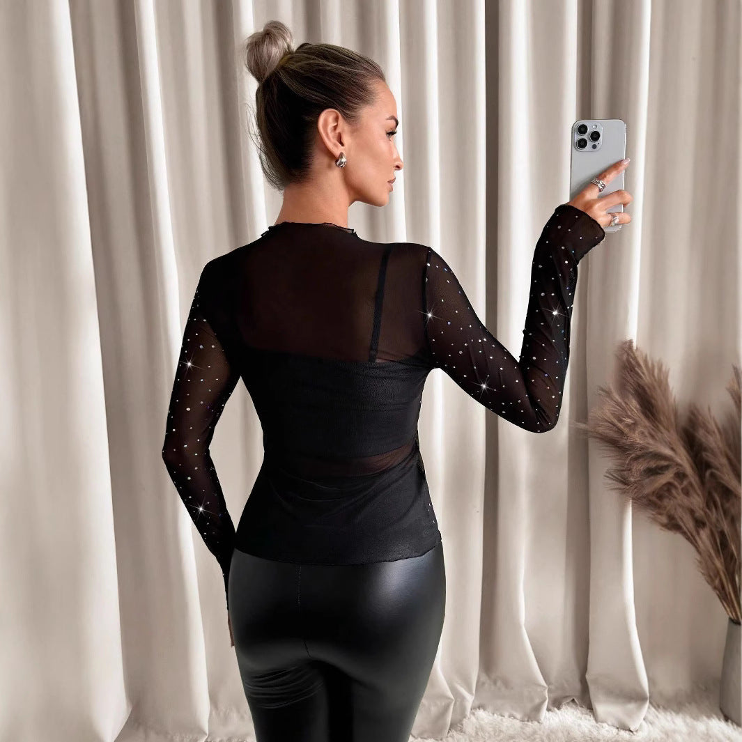 Damen nan transparentes Langarm-Netzshirt mit Strassapplikationen und integriertem Untertop Echo Archiv