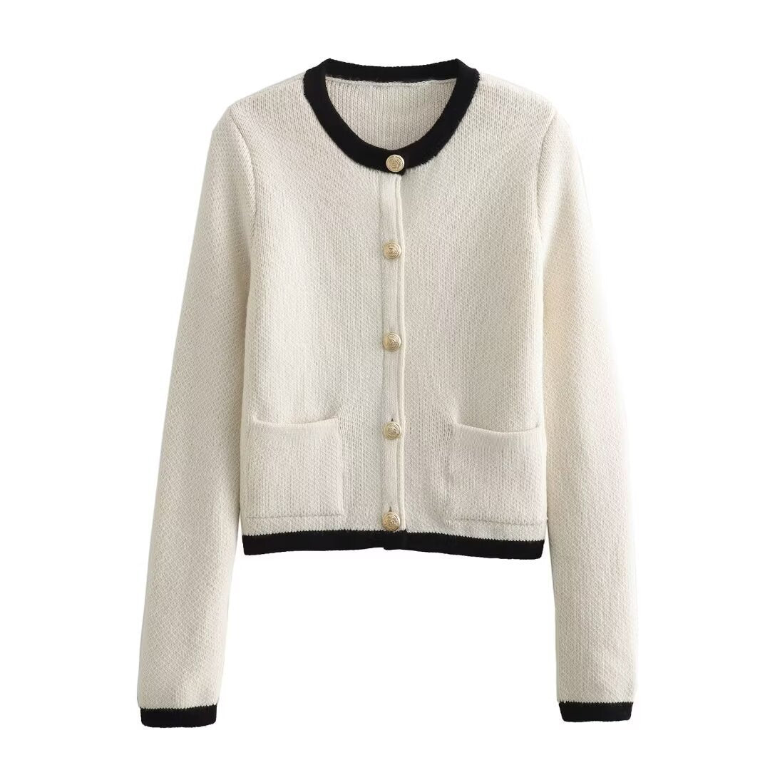 Damen Kurzgeschnittener Bouclé-Cardigan mit Rundhals, Pattentaschen und Münzknöpfen Echo Archiv