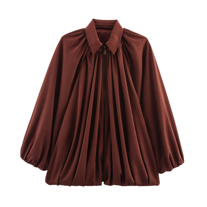 Damen Weite geraffte Blusenjacke mit Reißverschluss und Ballonärmeln Echo Archiv