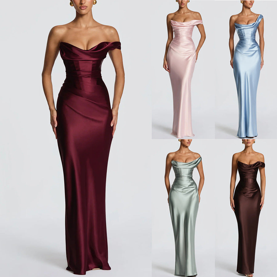 Damen Elegantes Maxikleid mit asymmetrischem Oberteil und fließendem Satin Echoarchiv