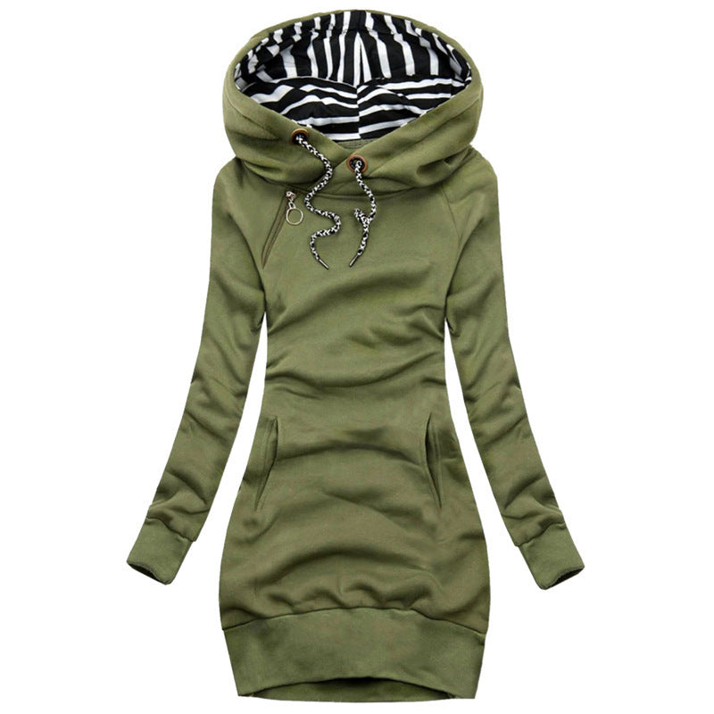 Damen Hoodie-Midi-Kleid mit weitem Funnel-Neck, gestreifter Innenseite und Kängurutaschen – Auréline