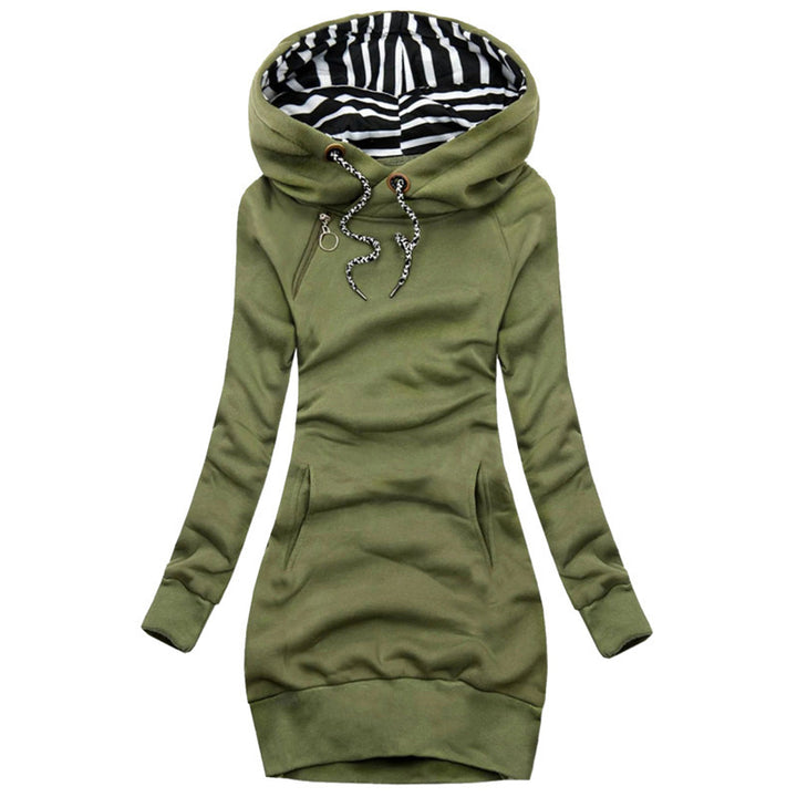 Damen Hoodie-Midi-Kleid mit weitem Funnel-Neck, gestreifter Innenseite und Kängurutaschen – Auréline