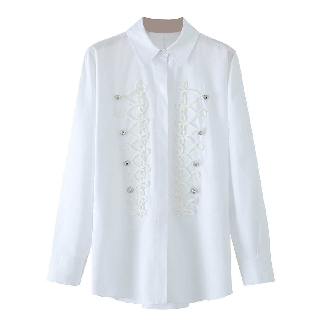 Damen Langärmlige Oversize-Bluse mit verdeckter Knopfleiste und dekorativen Kordelapplikationen Echo Archiv