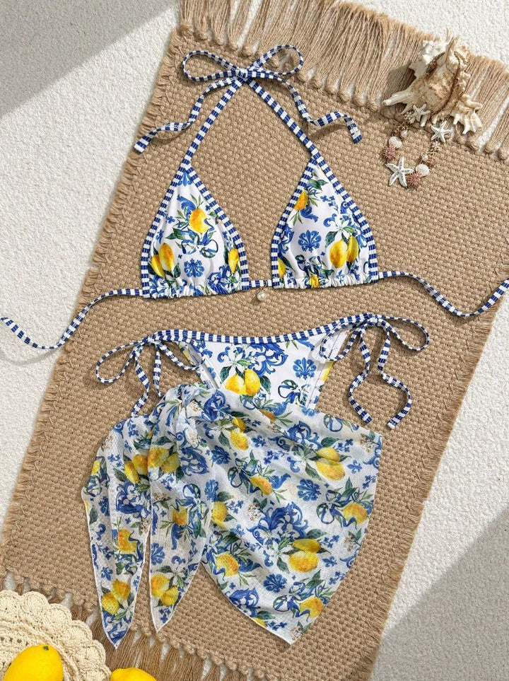 Damen Triangel-Bikini mit floralem Muster und verspieltem Pareo Echo Archiv
