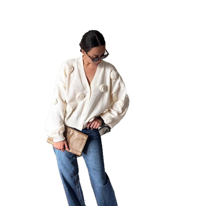 Damen Oversize-Strickcardigan mit dreidimensionalen Rosenapplikationen und V-Ausschnitt Echoarchiv