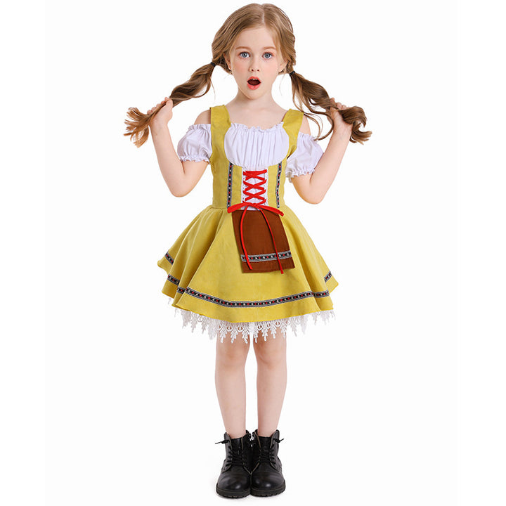 Damen nan traditionelles Kinderdirndl mit Schnürmieder, Spitzenunterrock und dekorativer Schürze Echo Archiv