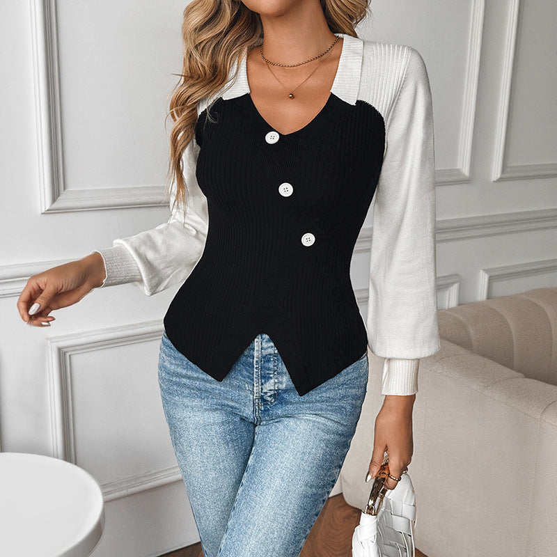 Damen Figurbetonte Strickbluse mit kontrastierenden Ärmeln, V‑Ausschnitt und asymmetrischer Knopfleiste Echoarchiv
