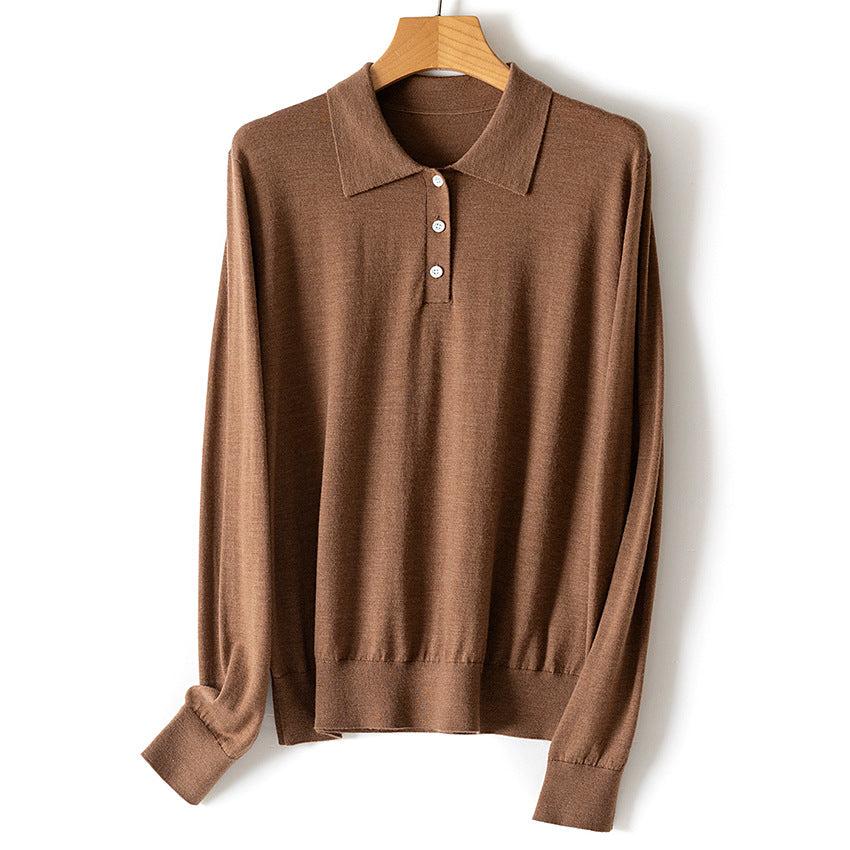 Damen Feiner Langarm-Polo-Pullover aus Feinstrick mit Knopfleiste Echoarchiv