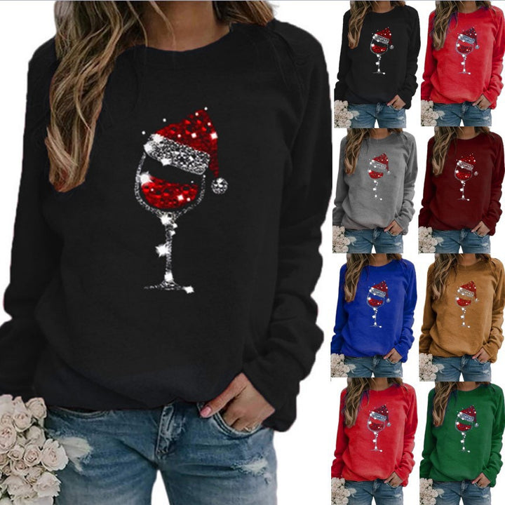 Damen Weihnachts Sweatshirt mit Pailletten Weinglas und Rundhalsausschnitt – Mavelle