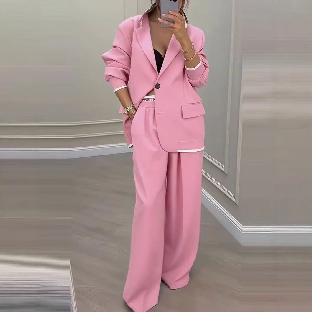 Damen Oversize-Tailoring-Set mit Kontrastpaspel, Single-Button-Blazer und hochgeschnittener Weitbeinhose – Valéne