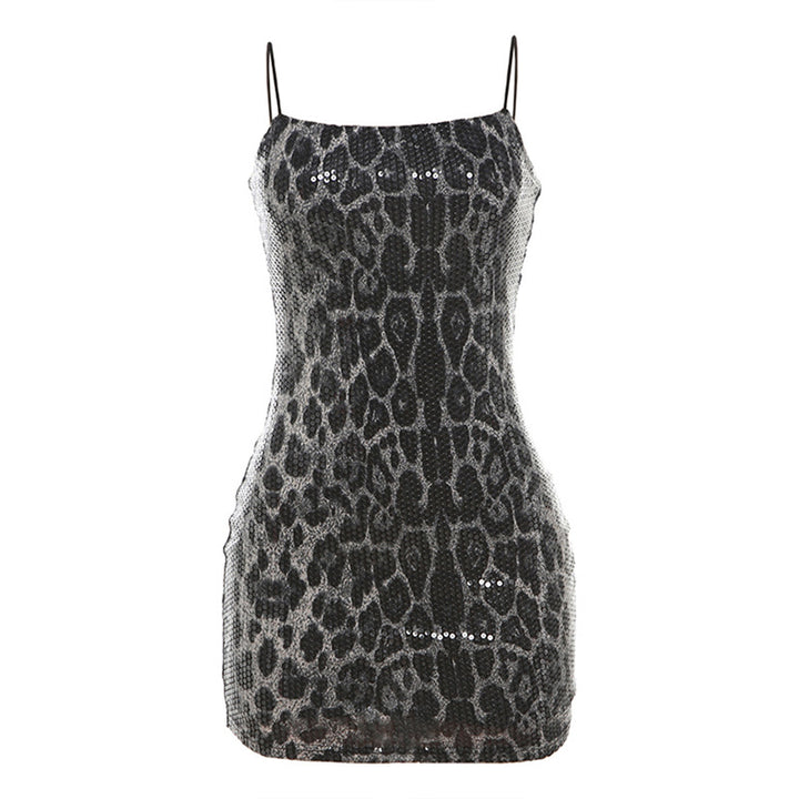 Damen Glitzerndes Minikleid mit Leopardenmuster und Spaghetti-Trägern Echo Archiv