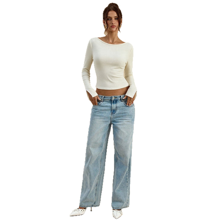 Damen geripptes Waffelstrick-Longsleeve mit U-Boot-Ausschnitt, figurbetonter Passform und Spitzenmanschetten – Avérine