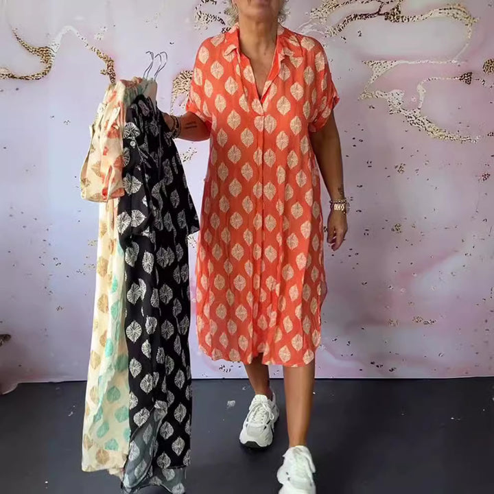 Damen nan legeres Kaftan-Midikleid mit Hemdkragen V-Ausschnitt kurzem Fledermausärmel und seitlichen Eingrifftaschen Echo Archiv