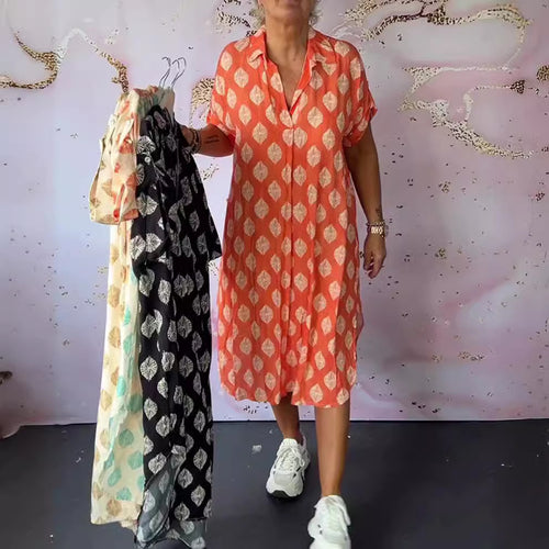 Damen nan legeres Kaftan-Midikleid mit Hemdkragen V-Ausschnitt kurzem Fledermausärmel und seitlichen Eingrifftaschen Echo Archiv