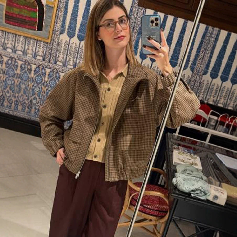 Damen Boxy-Kurzjacke im Glencheck mit elastischem Saum und Reißverschluss Echoarchiv