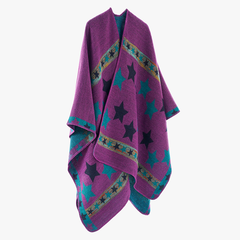 Damen Oversize-Capeponcho aus Wollmix mit zweilagigem Stern‑Jacquard und dekorativer Kettelnaht – Montévia