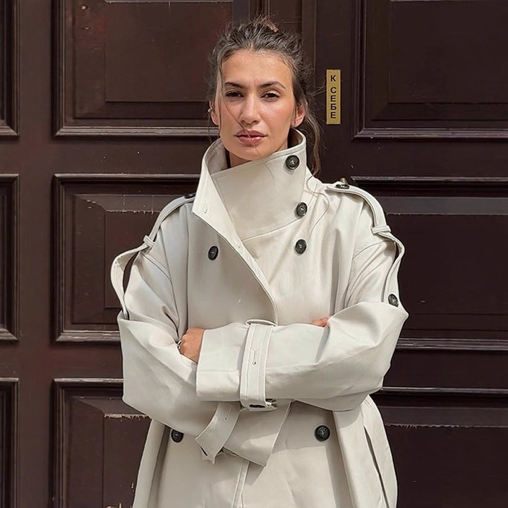Damen tailloser Long-Trenchcoat im Oversize-Schnitt mit doppelter Knopfleiste und Schulterklappen Echoarchiv