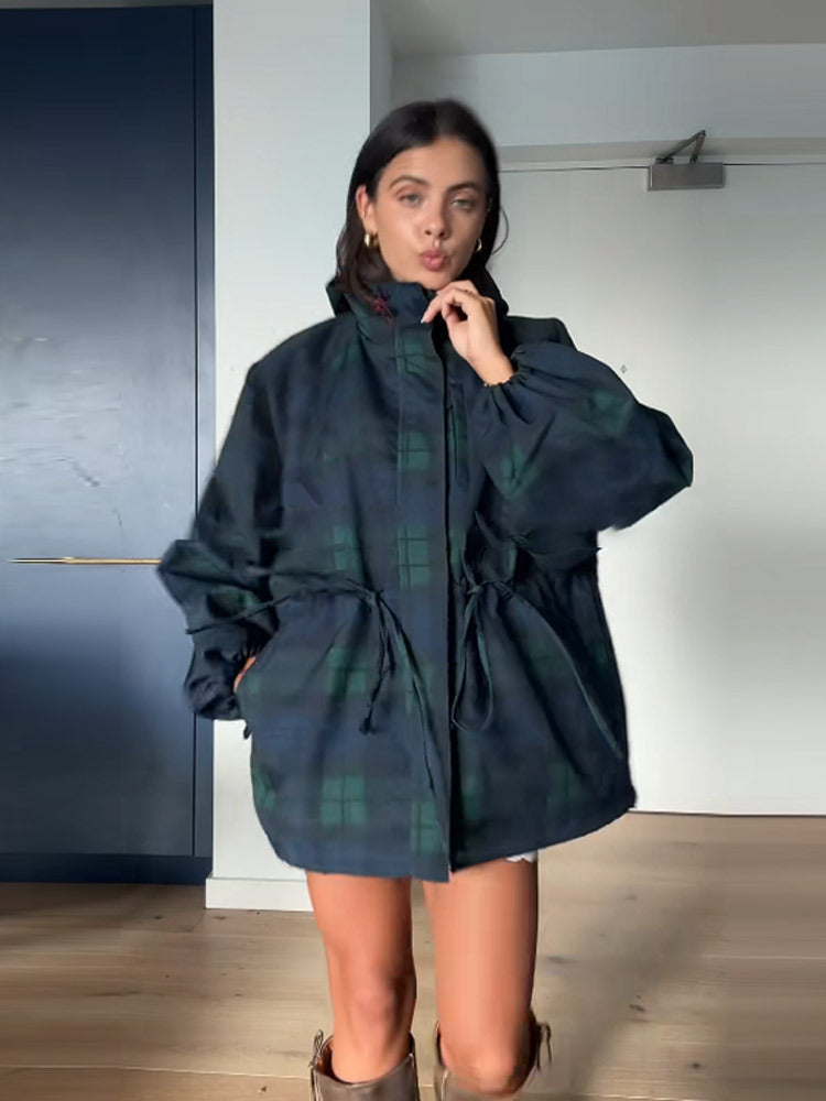 Damen Oversized Jacke im lässigen Karo-Design mit praktischen Taschen und Taillenzug Echoarchiv