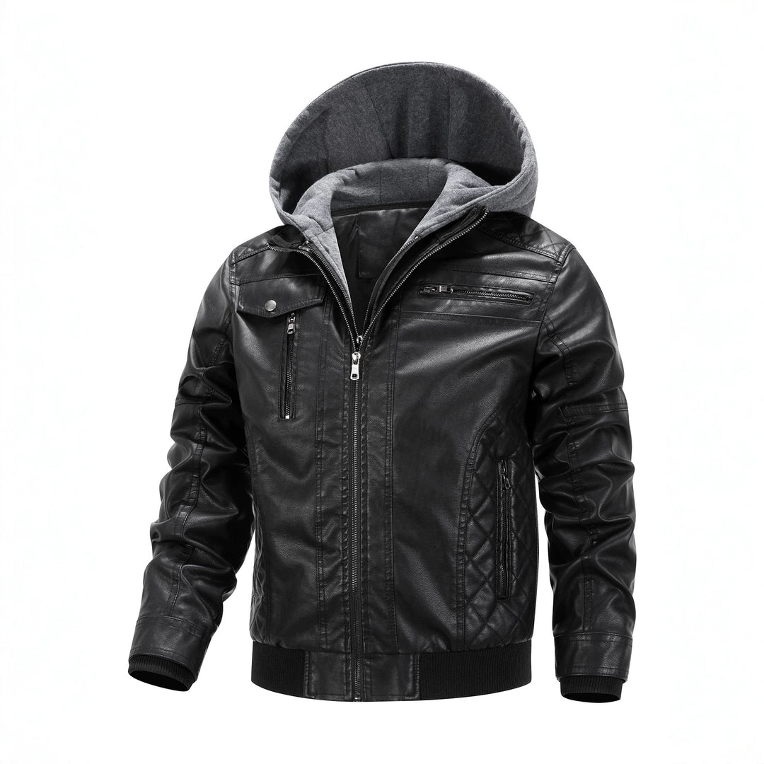 Herren Kunstleder-Bikerjacke mit abnehmbarer Kapuzenblende und gesteppter Seitenpartie Echoarchiv