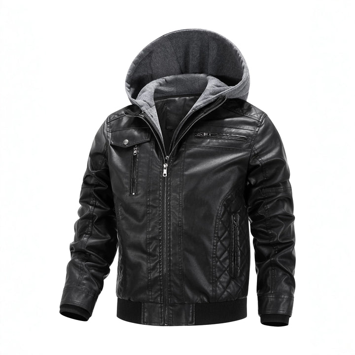 Herren Kunstleder-Bikerjacke mit abnehmbarer Kapuzenblende und gesteppter Seitenpartie Echoarchiv