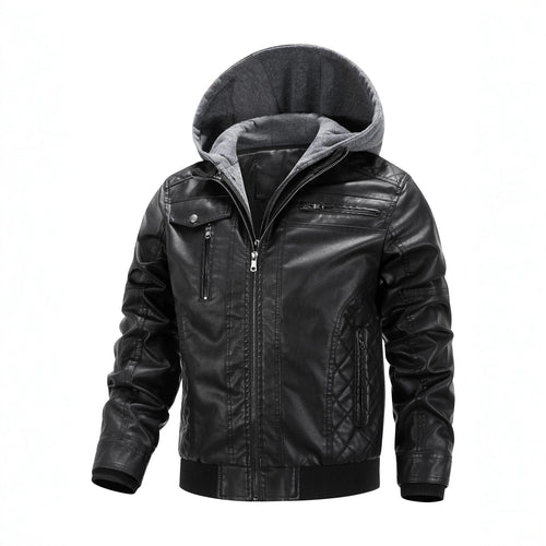 Herren Kunstleder-Bikerjacke mit abnehmbarer Kapuzenblende und gesteppter Seitenpartie Echoarchiv
