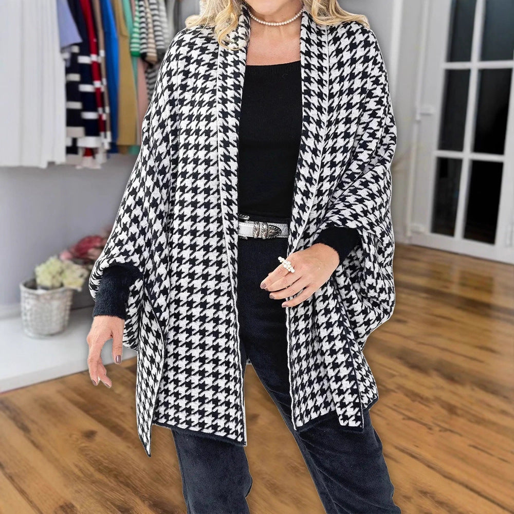 Damen Oversized Poncho mit Hahnentritt-Muster und offenem Schalkragen – Célinea