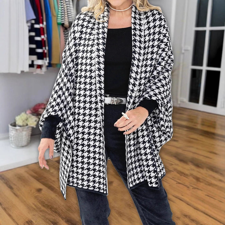 Damen Oversized Poncho mit Hahnentritt-Muster und offenem Schalkragen – Célinea